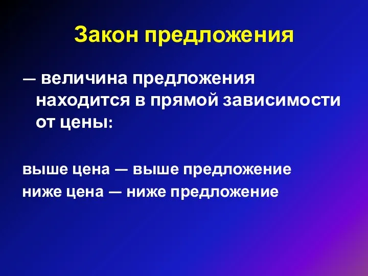 Закон предложения — величина предложения находится в прямой зависимости от цены: