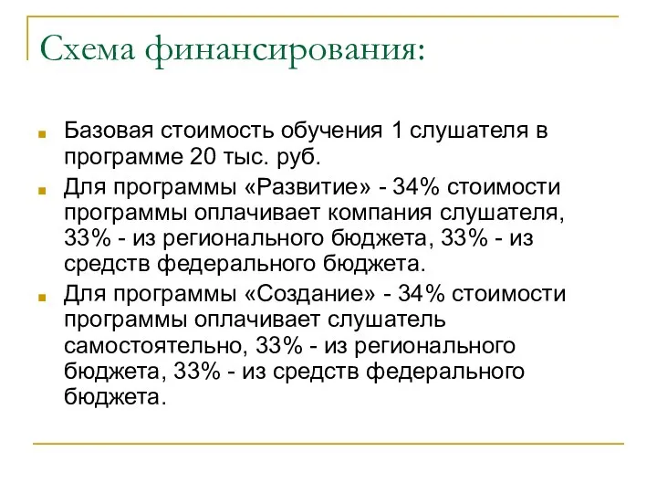 Схема финансирования: Базовая стоимость обучения 1 слушателя в программе 20 тыс.