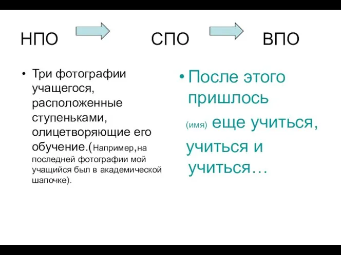 НПО СПО ВПО Три фотографии учащегося, расположенные ступеньками, олицетворяющие его обучение.(Например,на