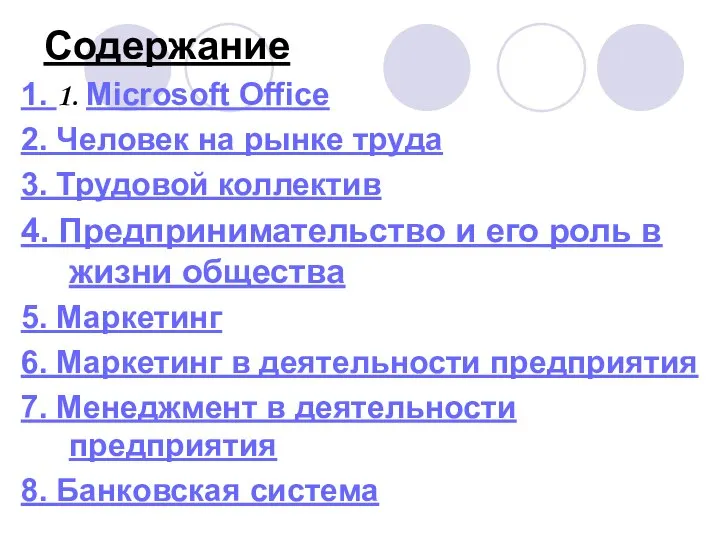 Содержание 1. 1. Microsoft Office 2. Человек на рынке труда 3.