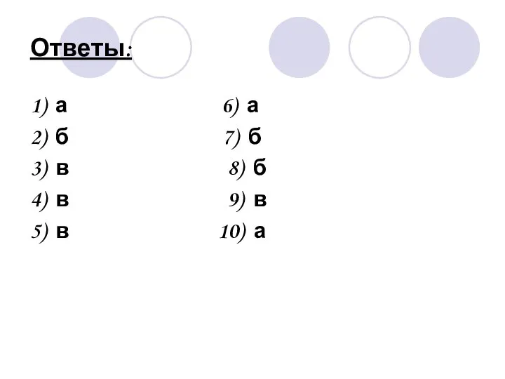 Ответы: 1) а 6) а 2) б 7) б 3) в