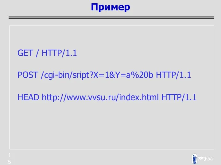 GET / HTTP/1.1 POST /cgi-bin/sript?X=1&Y=a%20b HTTP/1.1 HEAD http://www.vvsu.ru/index.html HTTP/1.1 Пример