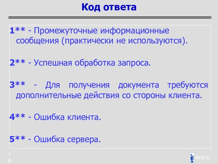 1** - Промежуточные информационные сообщения (практически не используются). 2** - Успешная