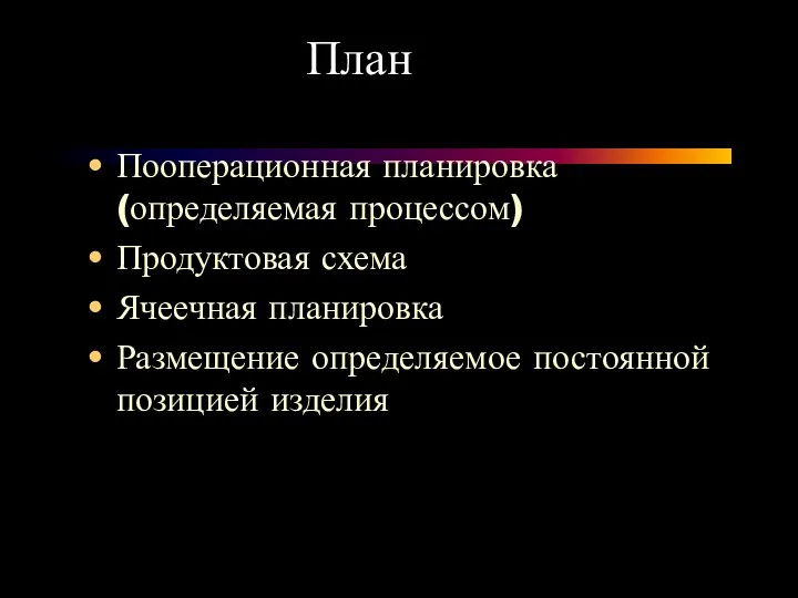 План Пооперационная планировка(определяемая процессом) Продуктовая схема Ячеечная планировка Размещение определяемое постоянной позицией изделия