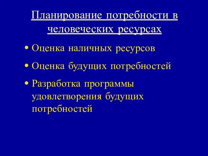 Планирование потребности в человеческих ресурсах Оценка наличных ресурсов Оценка будущих потребностей Разработка программы удовлетворения будущих потребностей