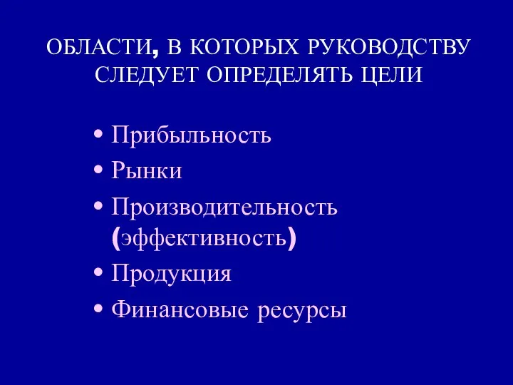 ОБЛАСТИ, В КОТОРЫХ РУКОВОДСТВУ СЛЕДУЕТ ОПРЕДЕЛЯТЬ ЦЕЛИ Прибыльность Рынки Производительность (эффективность) Продукция Финансовые ресурсы