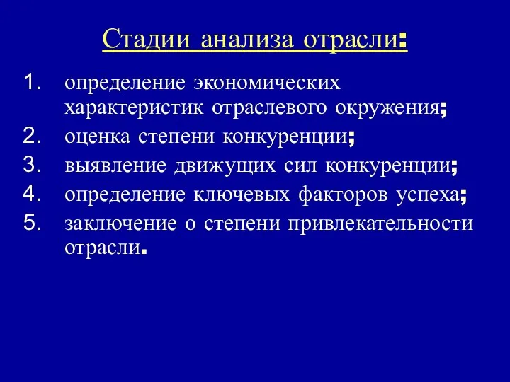 Стадии анализа отрасли: определение экономических характеристик отраслевого окружения; оценка степени конкуренции;