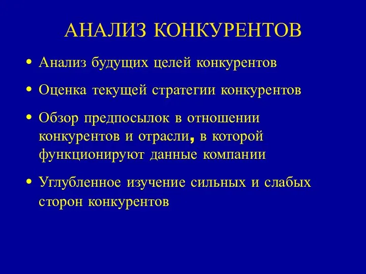 АНАЛИЗ КОНКУРЕНТОВ Анализ будущих целей конкурентов Оценка текущей стратегии конкурентов Обзор