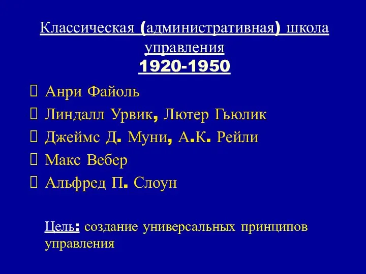 Классическая (административная) школа управления 1920-1950 Анри Файоль Линдалл Урвик, Лютер Гьюлик