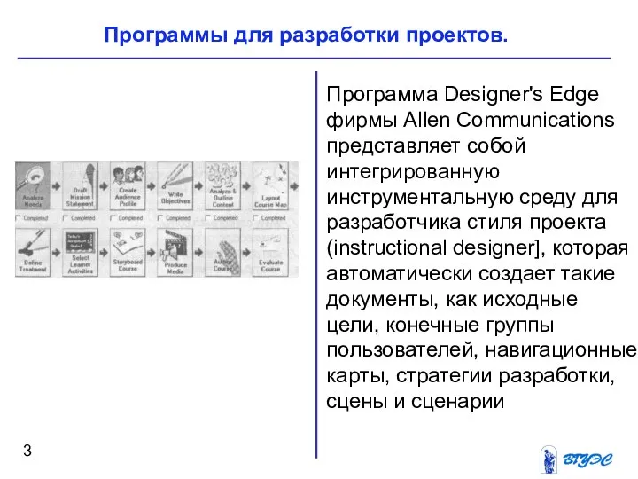 Программа Designer's Edge фирмы Allen Communications представляет собой интегрированную инструментальную среду