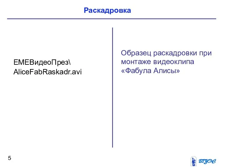 Образец раскадровки при монтаже видеоклипа «Фабула Алисы» ЕМЕВидеоПрез\ AliceFabRaskadr.avi Раскадровка