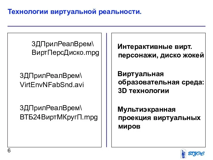 Интерактивные вирт. персонажи, диско жокей Виртуальная образовательная среда: 3D технологии Мультиэкранная