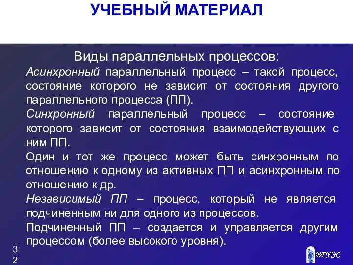 УЧЕБНЫЙ МАТЕРИАЛ Виды параллельных процессов: Асинхронный параллельный процесс – такой процесс,