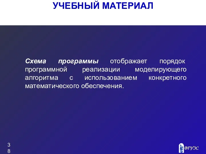 УЧЕБНЫЙ МАТЕРИАЛ Схема программы отображает порядок программной реализации моделирующего алгоритма с использованием конкретного математического обеспечения.