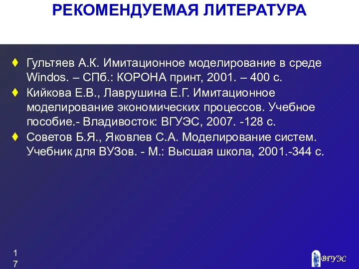 РЕКОМЕНДУЕМАЯ ЛИТЕРАТУРА Гультяев А.К. Имитационное моделирование в среде Windos. – СПб.: