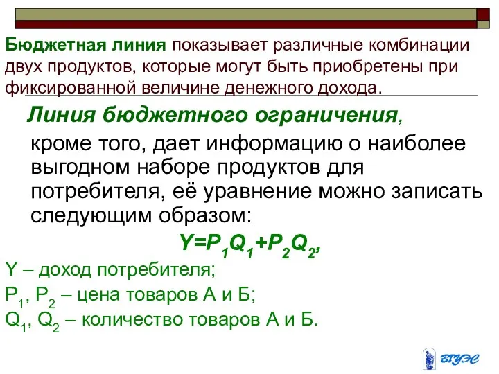 Бюджетная линия показывает различные комбинации двух продуктов, которые могут быть приобретены