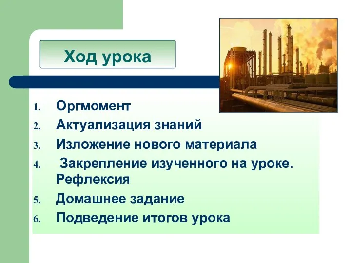 Ход урока Оргмомент Актуализация знаний Изложение нового материала Закрепление изученного на