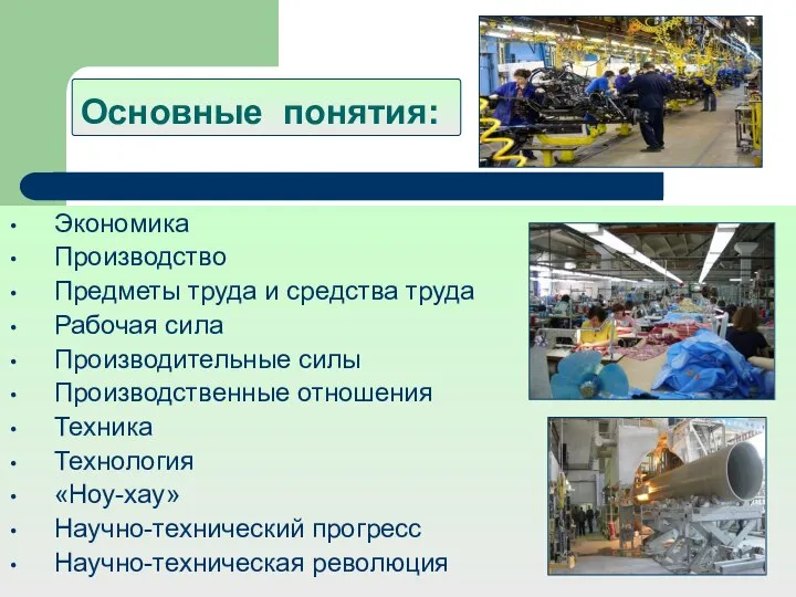 Основные понятия: Экономика Производство Предметы труда и средства труда Рабочая сила