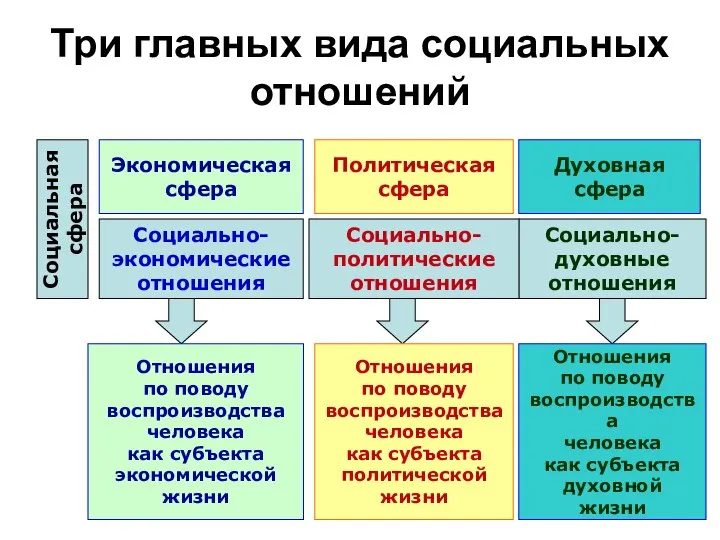 Три главных вида социальных отношений Экономическая сфера Политическая сфера Духовная сфера