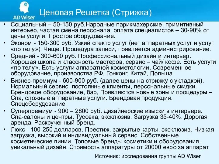 Ценовая Решетка (Стрижка) Социальный – 50-150 руб.Народные парикмахерские, примитивный интерьер, частая