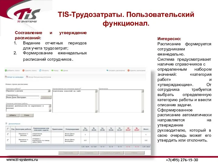 TIS-Трудозатраты. Пользовательский функционал. www.ti-systems.ru +7(495) 276-15-30 Составление и утверждение расписаний: Ведение