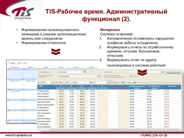 TIS-Рабочее время. Административный функционал (2). www.ti-systems.ru +7(495) 276-15-30 Формирование производственного календаря