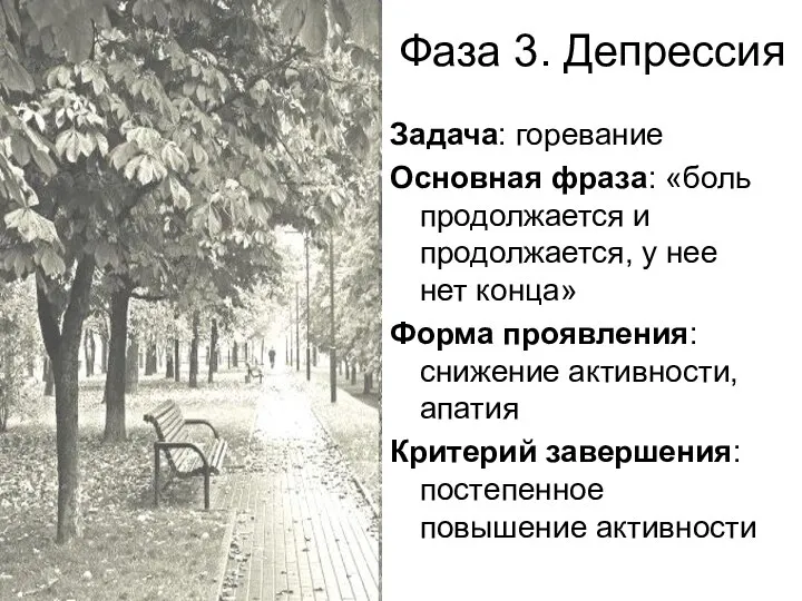 Фаза 3. Депрессия Задача: горевание Основная фраза: «боль продолжается и продолжается,