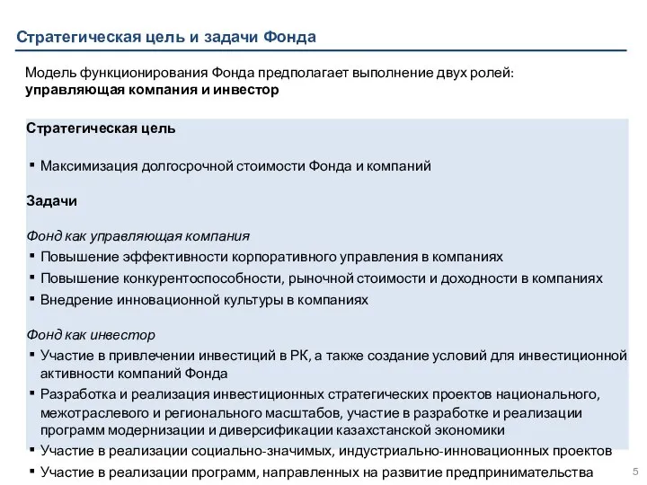 Стратегическая цель и задачи Фонда Модель функционирования Фонда предполагает выполнение двух