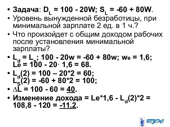 Задача: DL = 100 - 20W; SL = -60 + 80W.