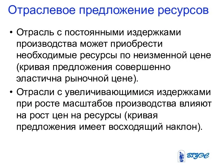 Отраслевое предложение ресурсов Отрасль с постоянными издержками производства может приобрести необходимые