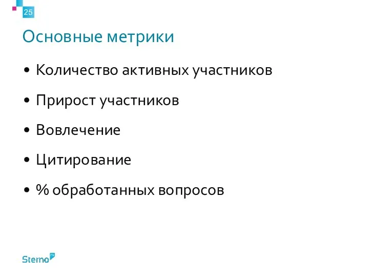 Основные метрики Количество активных участников Прирост участников Вовлечение Цитирование % обработанных вопросов