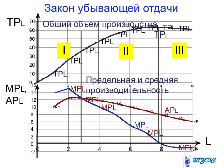 Закон убывающей отдачи TPL MPL, APL L Общий объем производства Предельная