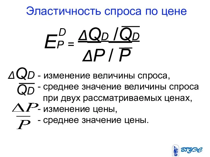 Эластичность спроса по цене - изменение величины спроса, - среднее значение