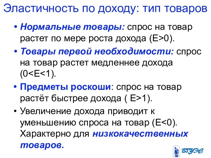 Эластичность по доходу: тип товаров Нормальные товары: спрос на товар растет