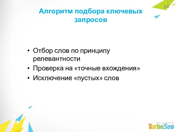 Алгоритм подбора ключевых запросов Отбор слов по принципу релевантности Проверка на «точные вхождения» Исключение «пустых» слов