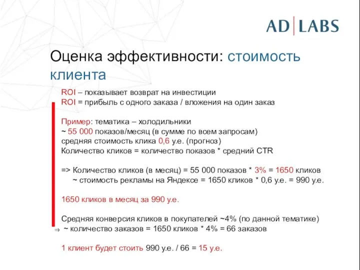 Оценка эффективности: стоимость клиента ROI – показывает возврат на инвестиции ROI