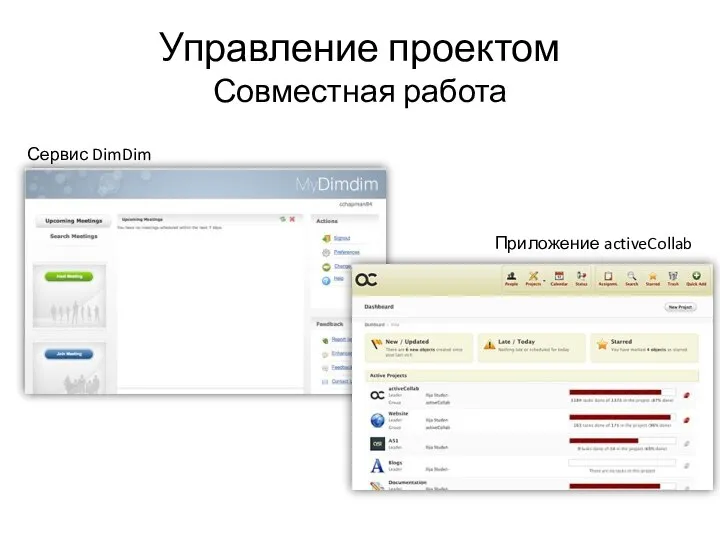 Управление проектом Совместная работа Сервис DimDim Приложение activeCollab