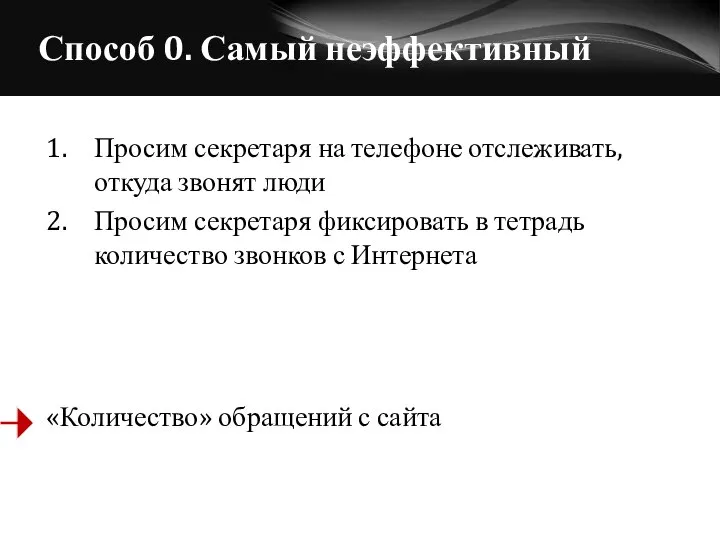 Способ 0. Самый неэффективный 1. Просим секретаря на телефоне отслеживать, откуда