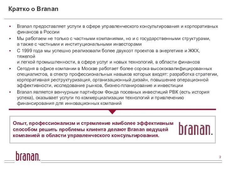 Кратко о Branan Branan предоставляет услуги в сфере управленческого консультирования и