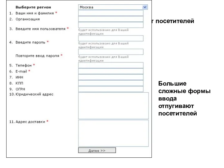 Большие сложные формы ввода отпугивают посетителей Большие сложные формы ввода отпугивают посетителей