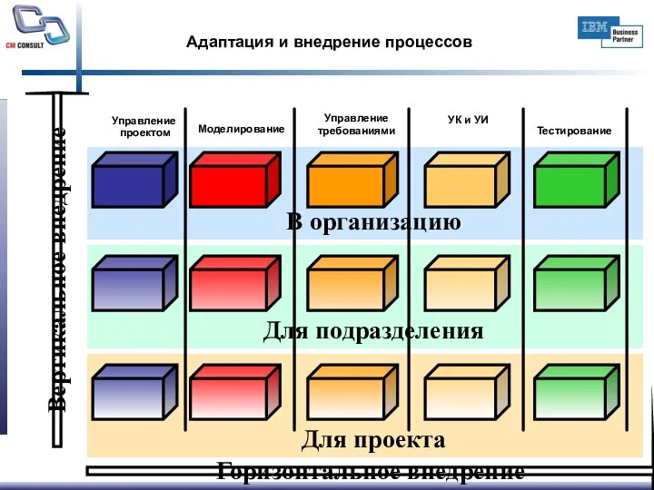 Адаптация и внедрение процессов Горизонтальное внедрение Вертикальное внедрение Моделирование Управление требованиями