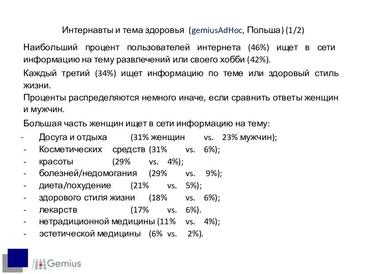 Интернавты и тема здоровья (gemiusAdHoc, Польша) (1/2) Наибольший процент пользователей интернета