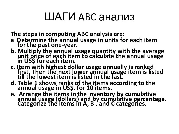 ШАГИ ABC анализ The steps in computing ABC analysis are: a