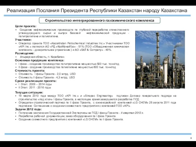 Строительство интегрированного газохимического комплекса Реализация Послания Президента Республики Казахстан народу Казахстана