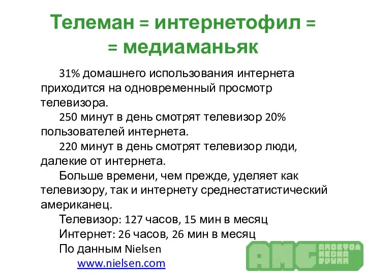 Телеман = интернетофил = = медиаманьяк 31% домашнего использования интернета приходится