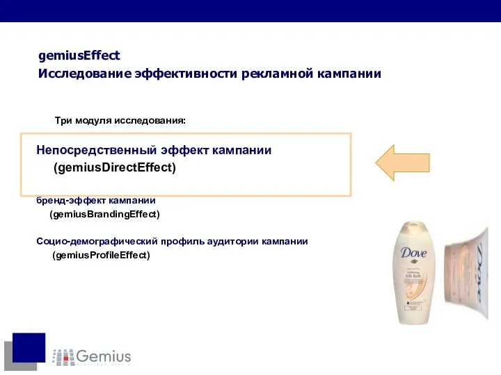 Три модуля исследования: Непосредственный эффект кампании (gemiusDirectEffect) бренд-эффект кампании (gemiusBrandingEffect) Социо-демографический