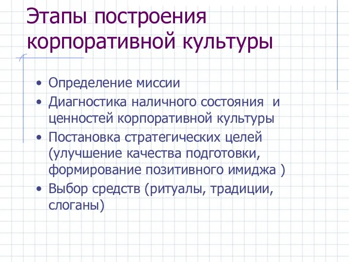 Этапы построения корпоративной культуры Определение миссии Диагностика наличного состояния и ценностей