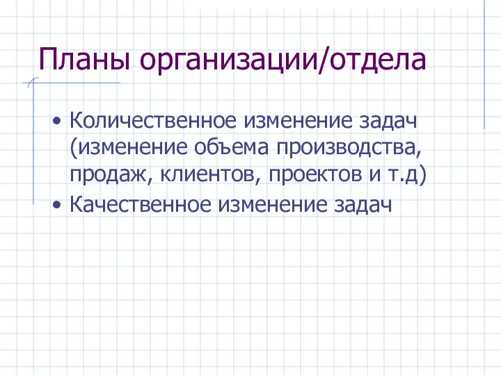 Планы организации/отдела Количественное изменение задач (изменение объема производства, продаж, клиентов, проектов и т.д) Качественное изменение задач