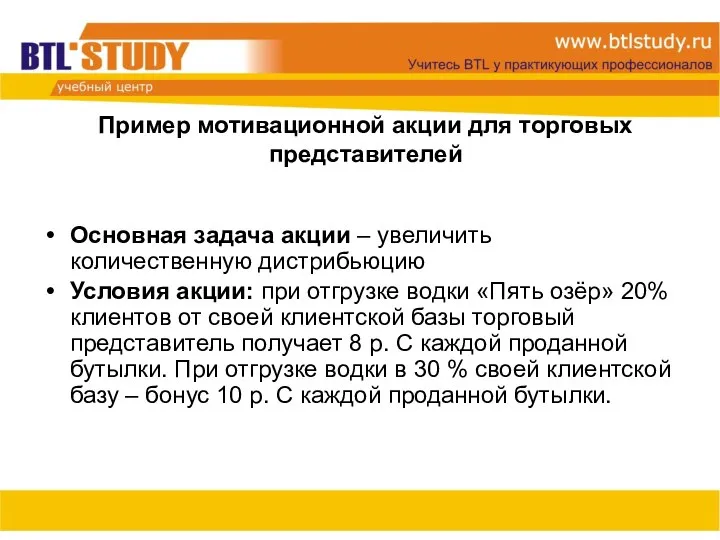 Пример мотивационной акции для торговых представителей Основная задача акции – увеличить