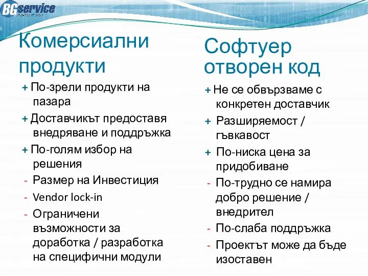 Комерсиални продукти + По-зрели продукти на пазара + Доставчикът предоставя внедряване